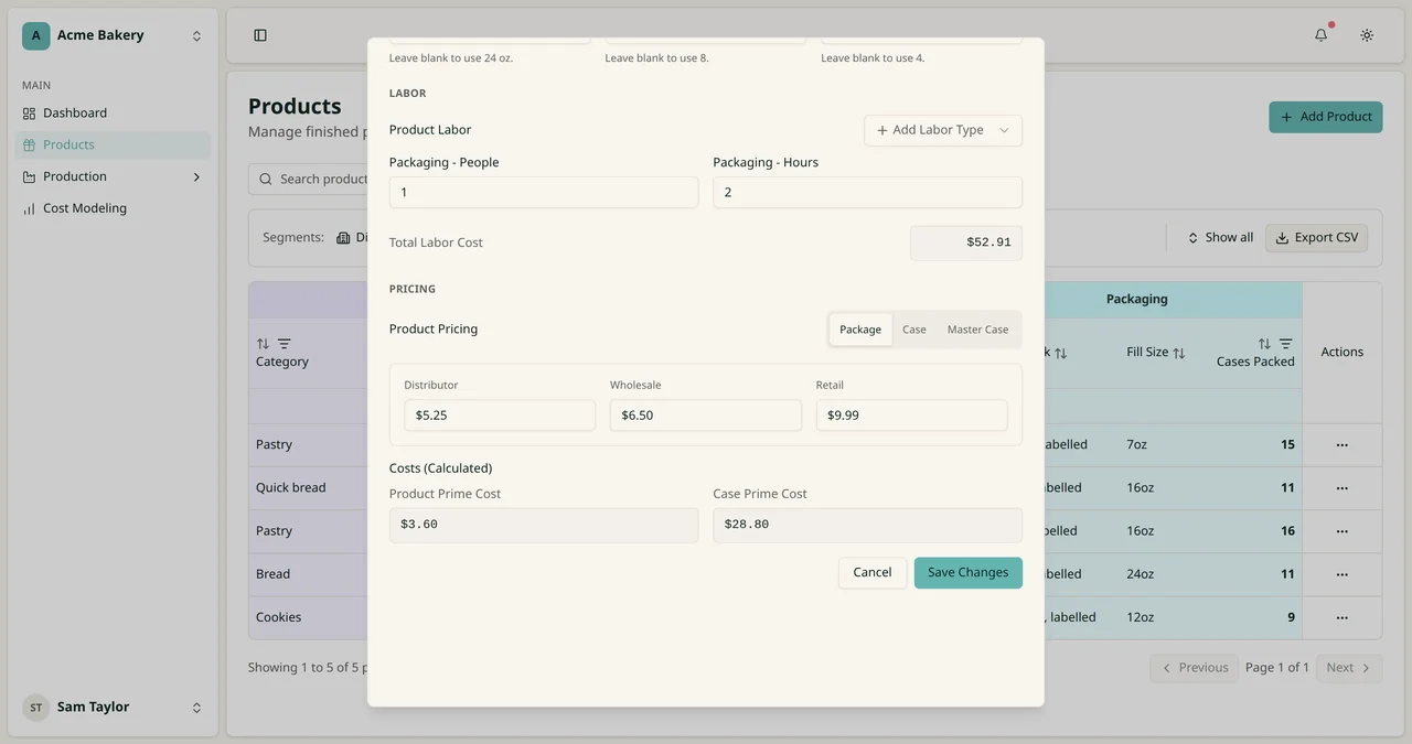 The same product's pricing in PCC: distributor, wholesale, and retail prices per package, with the product and case prime cost calculated beside them.